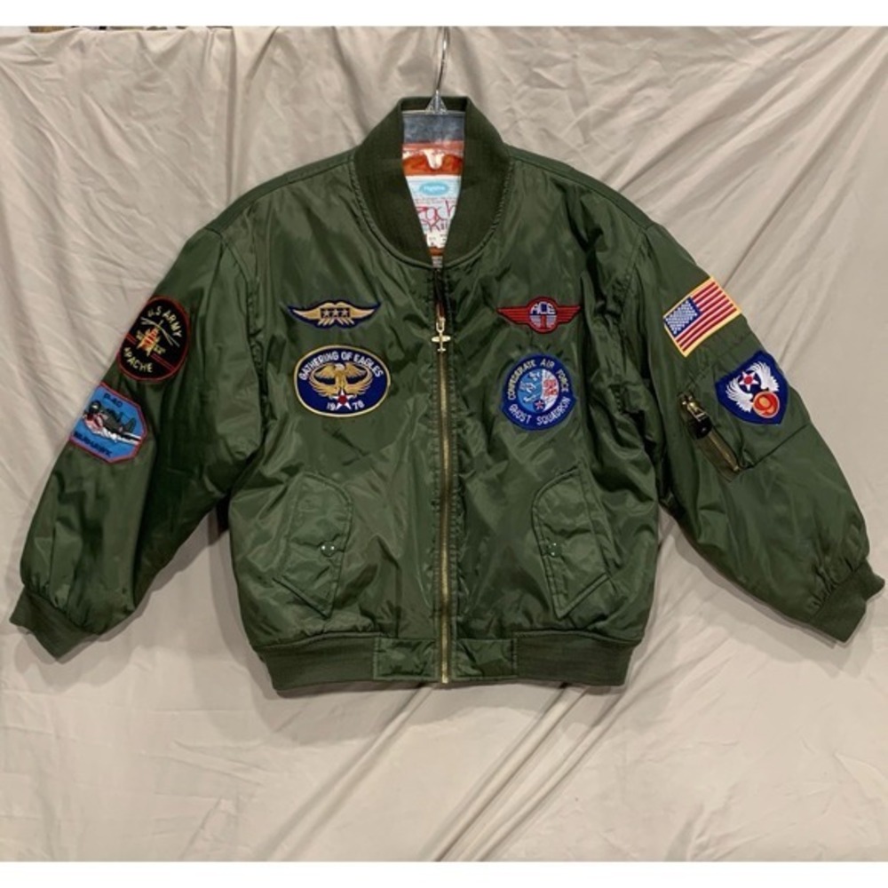 Alpha Industries Jacket Sage Green Youth Size 10-12 MA-1 Bomber Patches‎